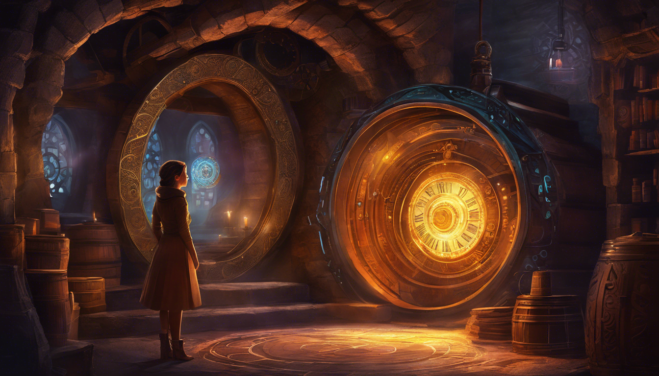 A girl in a cellar marvels at an ancient time machine with glowing gears.