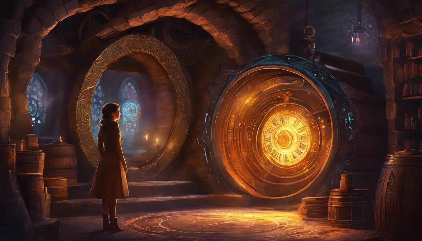 A young girl stands in a dimly lit, mystical room, gazing at a large, glowing mechanism with intricate designs, surrounded by stone archways and shelves filled with mysterious objects.