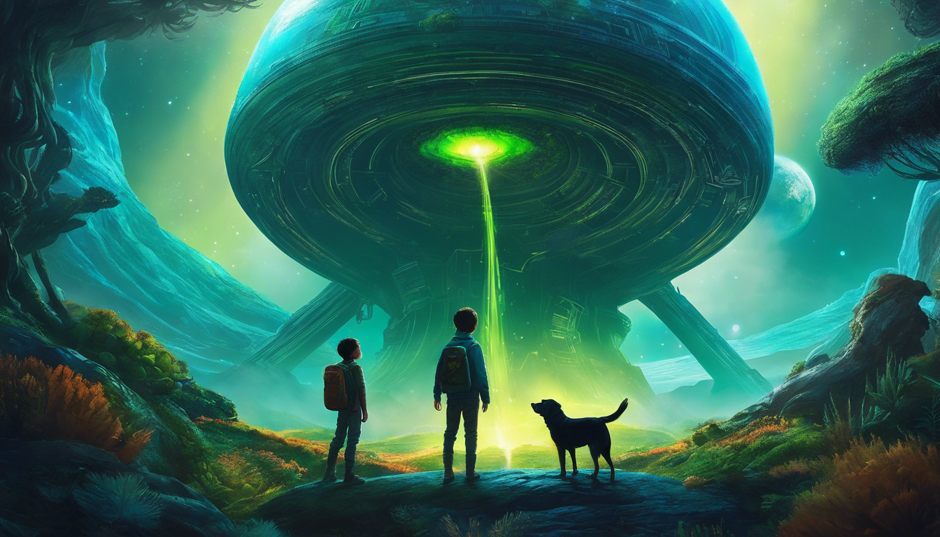 Alt: A boy and his dog in an alien world with glowing plants and luminous beings.