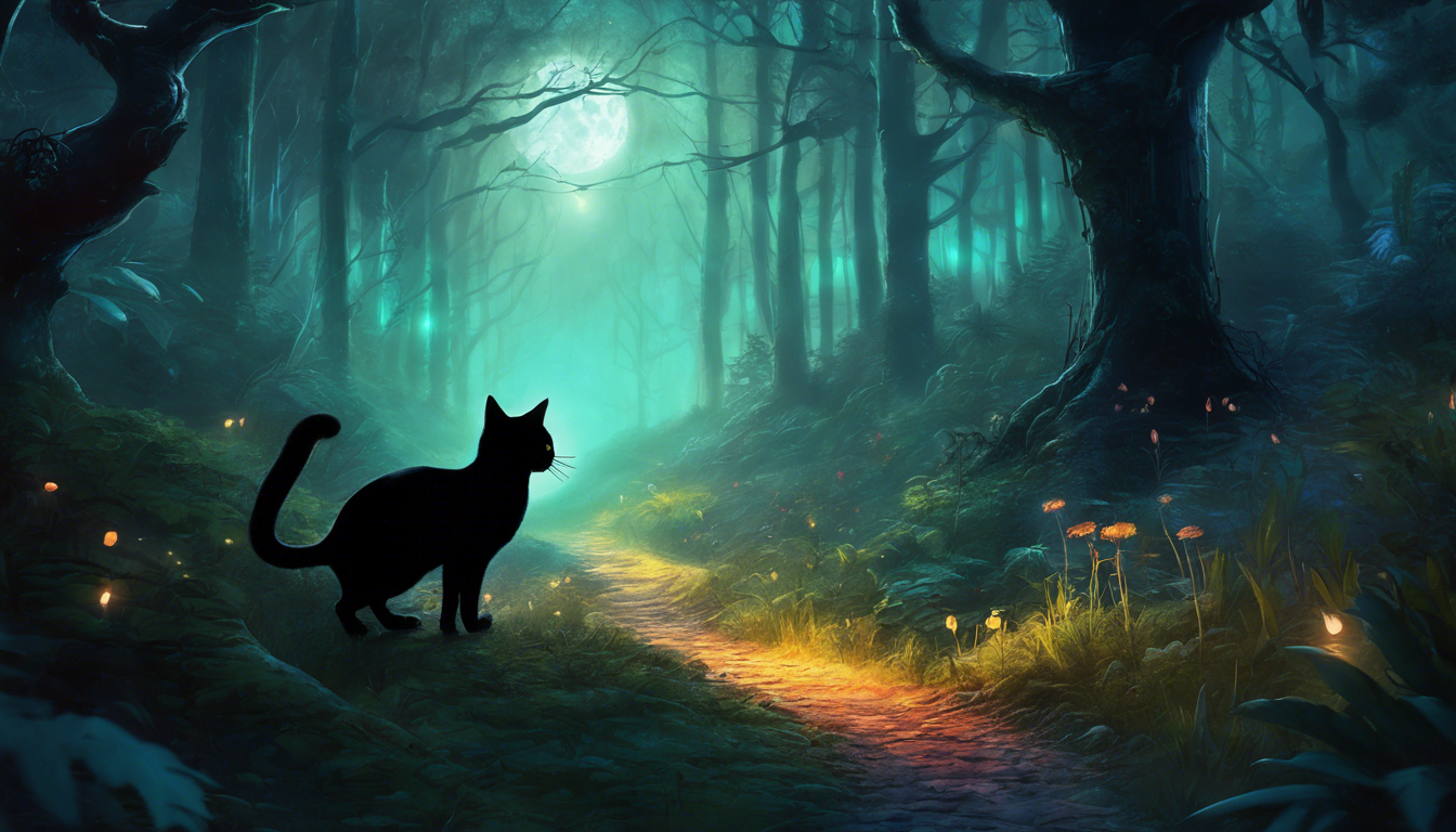 A silhouette of a cat stands on a winding path in a mystical forest, illuminated by moonlight and surrounded by soft glowing lights.