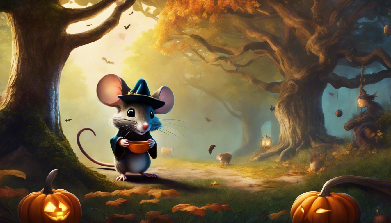 A mouse with a magical hat, surrounded by forest animals under an oak tree for Halloween.