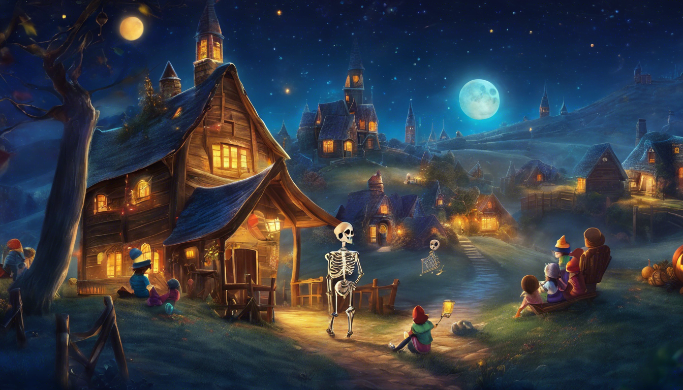 A friendly skeleton in a festive hat, playing with children under a starry sky near an enchanted village.