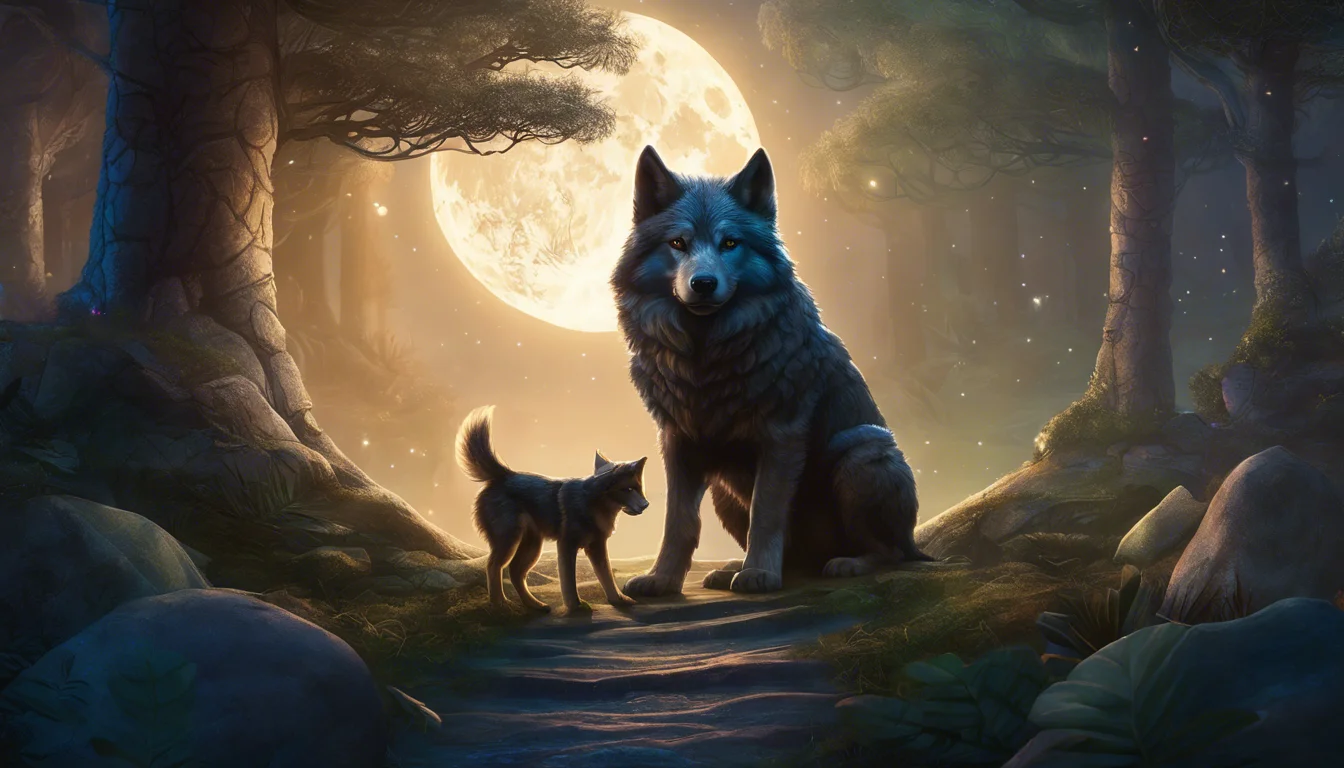 A majestic wolf and a small dog stand on a forest path under a full moon, surrounded by trees and soft glowing light.