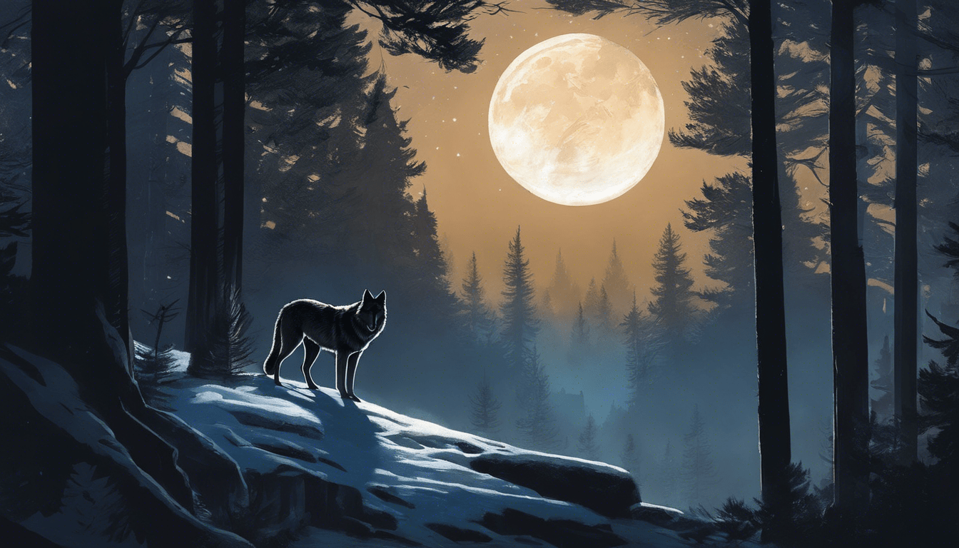 A wolf standing at the forest edge under moonlight, with its pack and distant loggers' shadows.