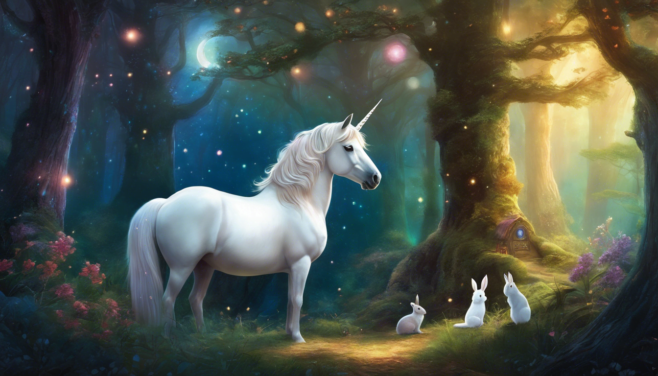 A unicorn, owl, squirrel, and rabbit in a magical forest, looking at a glowing, star-filled portal.