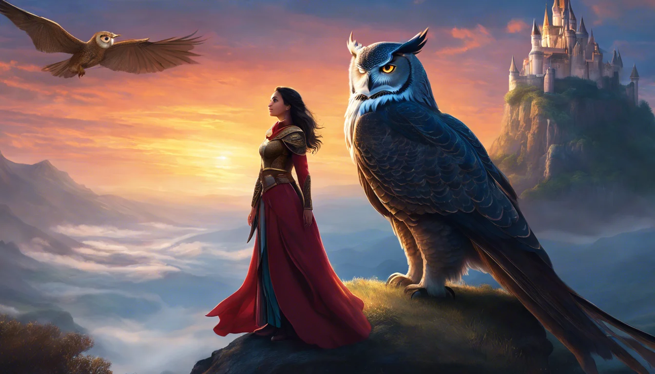 A heroic woman in a flowing red cloak stands beside a large, majestic owl, overlooking a misty landscape with a castle in the background at sunset.