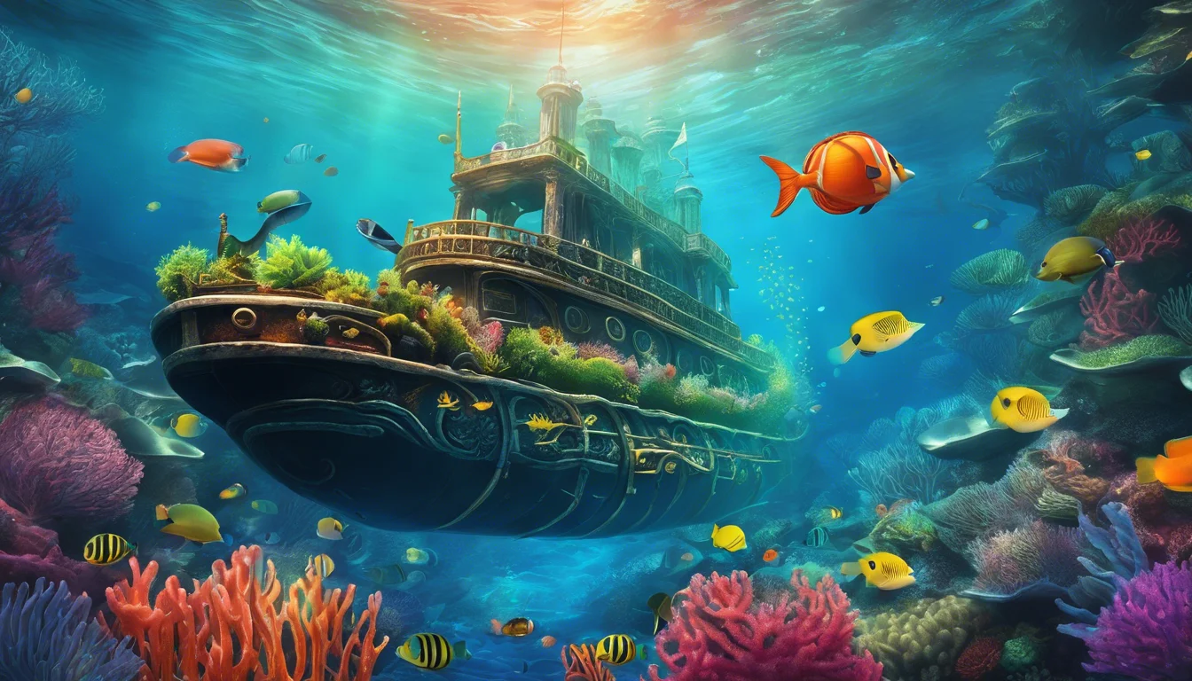 Alt text: A whimsical, sunken steamboat surrounded by colorful coral reefs and tropical fish in a vibrant underwater scene.