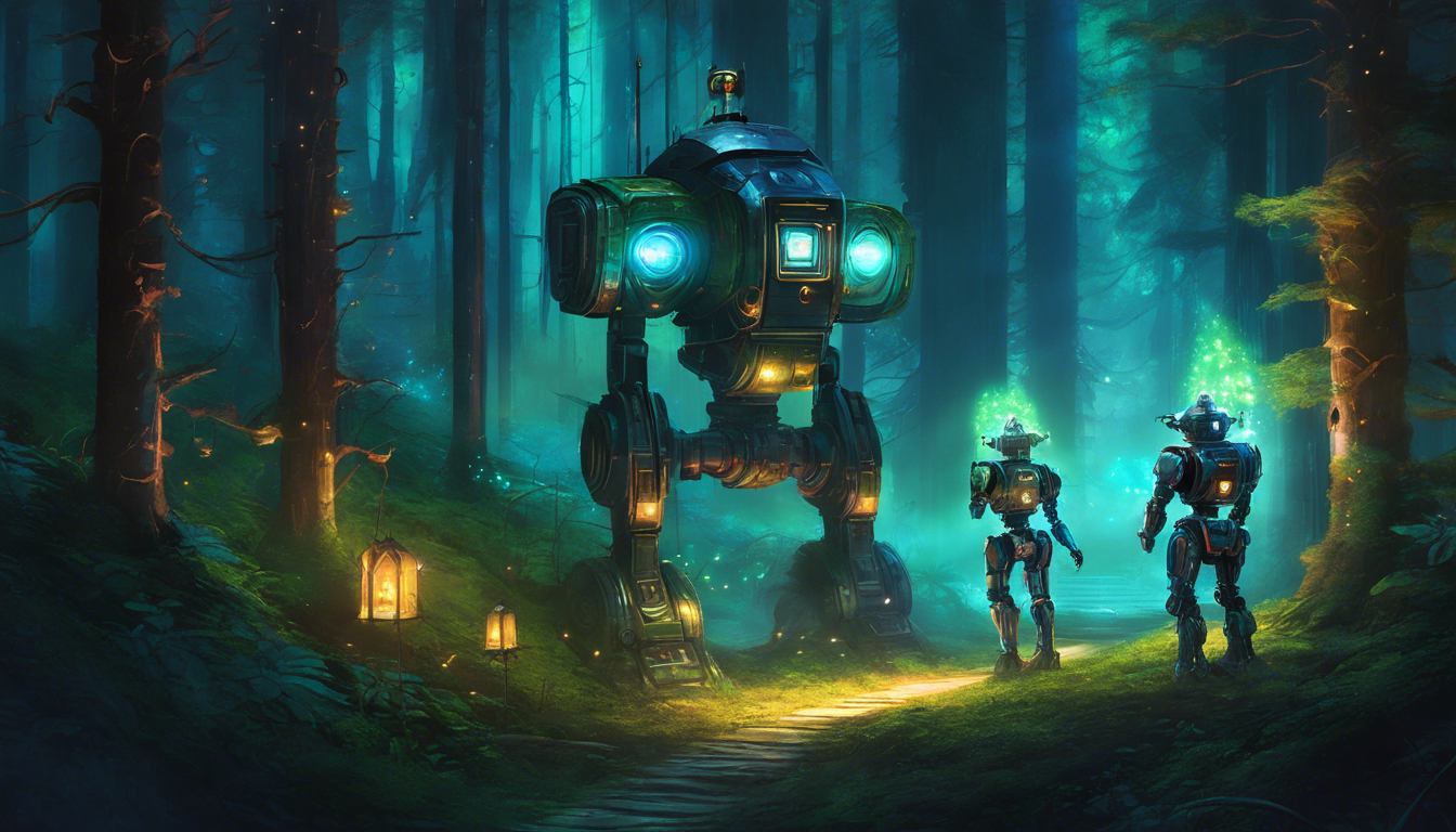 A futuristic robot and two smaller androids illuminated by glowing lights stand on a forest path, surrounded by tall trees and lanterns in a mystical atmosphere.