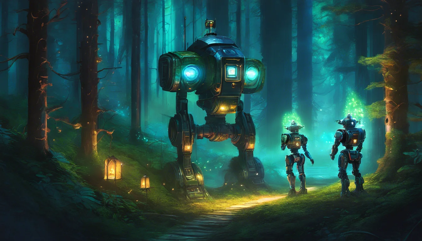 A futuristic robot and two smaller androids illuminated by glowing lights stand on a forest path, surrounded by tall trees and lanterns in a mystical atmosphere.