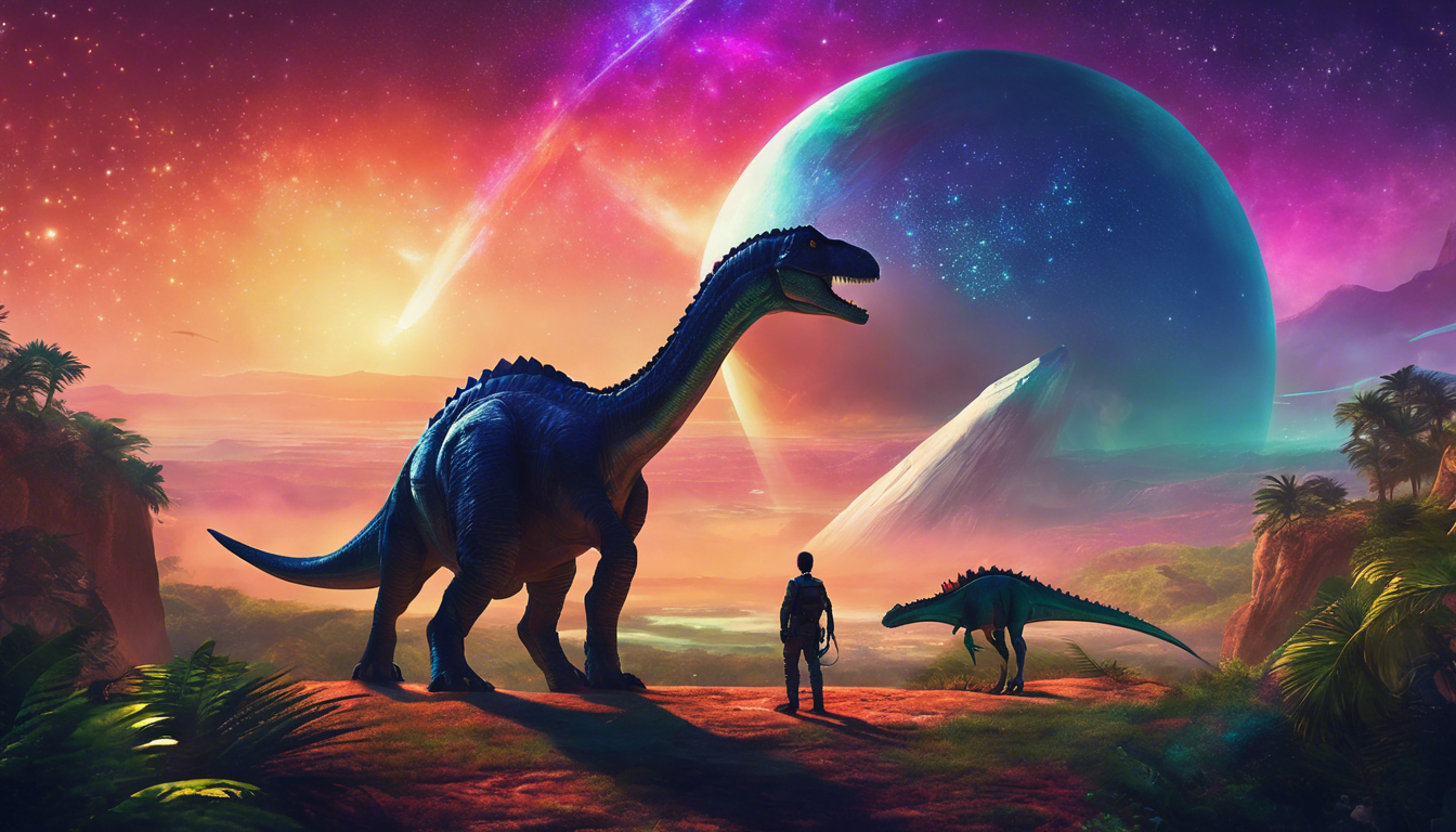 A silhouetted figure stands among two dinosaurs against a vibrant cosmic landscape of swirling colors and celestial bodies.