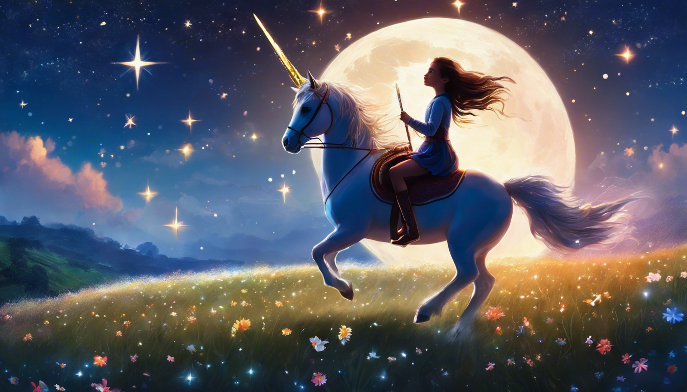 A girl riding a unicorn under a starry sky with a large moon, surrounded by a colorful meadow.