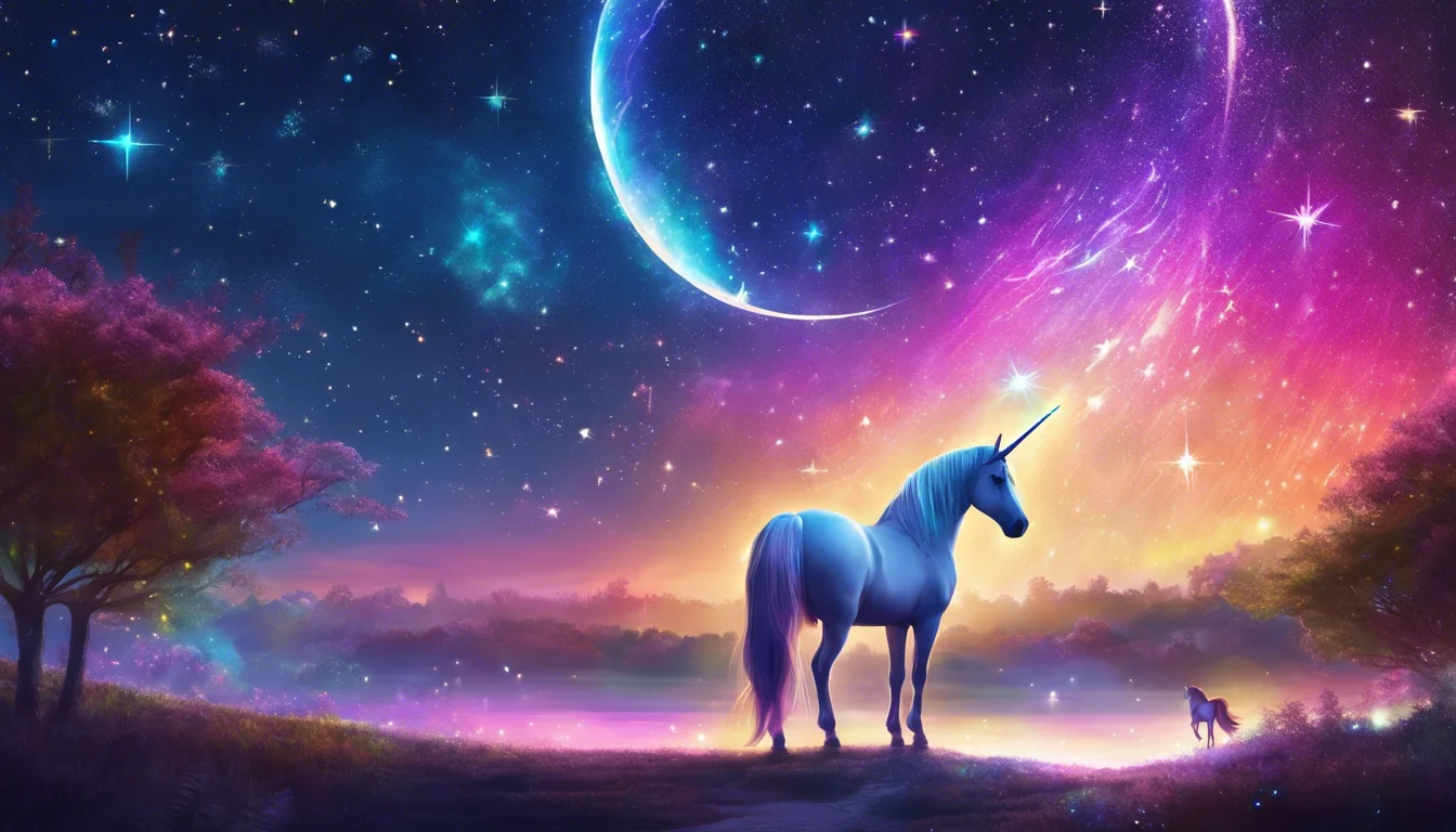 A magical unicorn stands in a vibrant, starry landscape, illuminated by colorful cosmic hues and a large crescent moon.