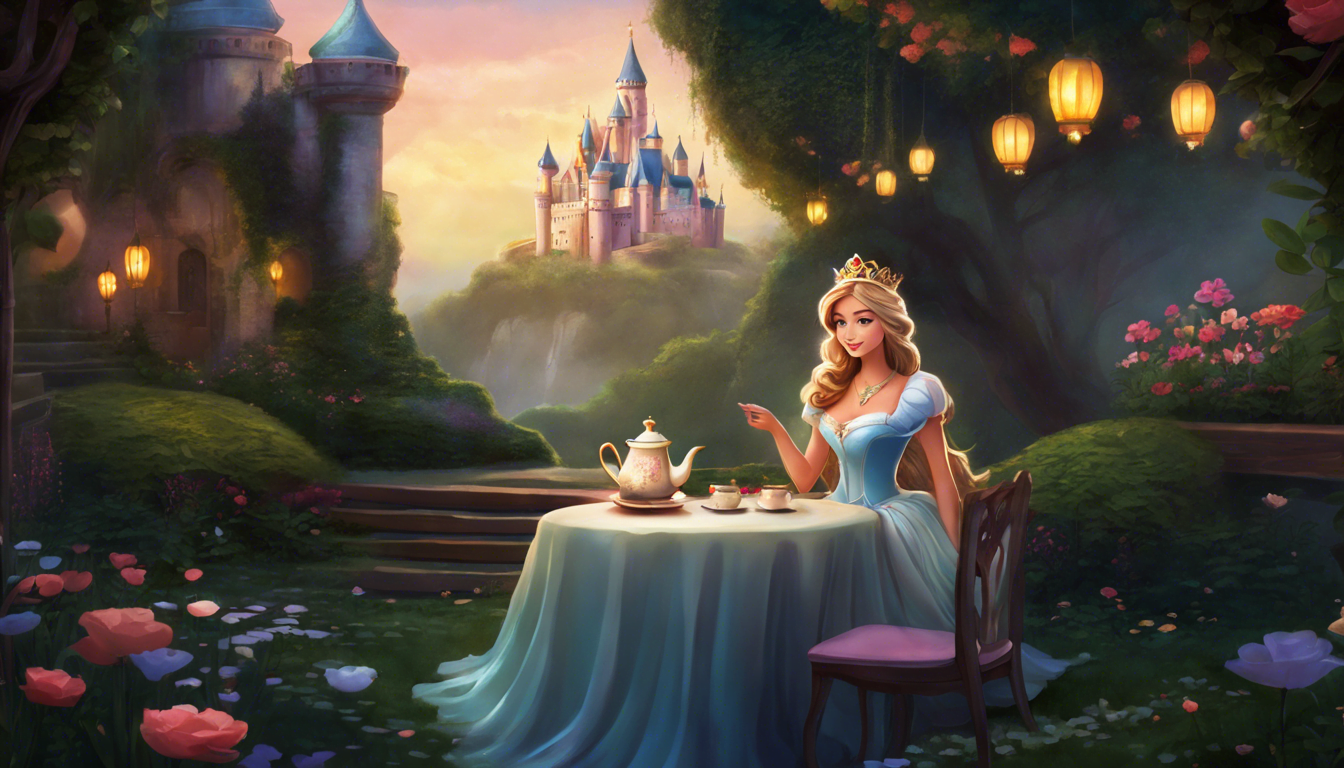 A princess and a talking teapot in a magical castle garden with floating lanterns and blooming flowers.