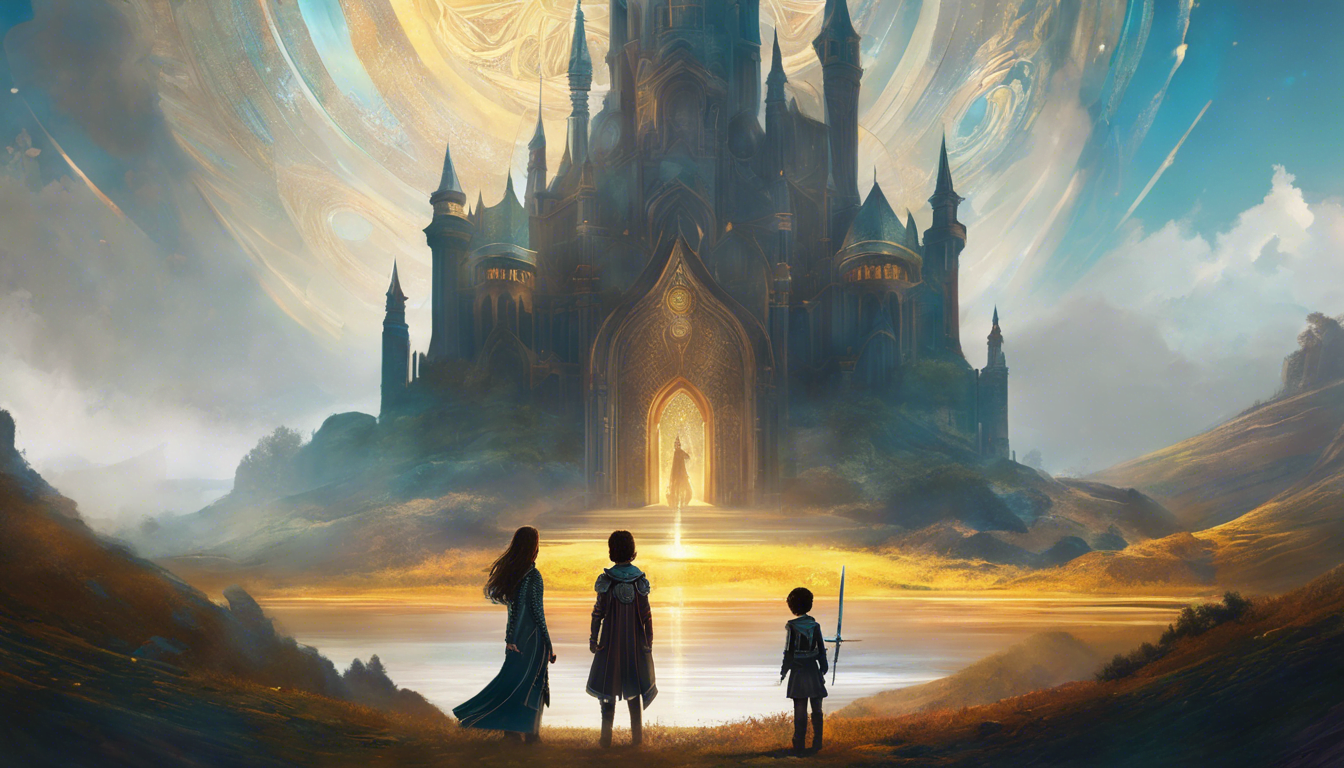 Three silhouetted figures stand in front of a majestic castle glowing with ethereal light, surrounded by a vibrant sky.