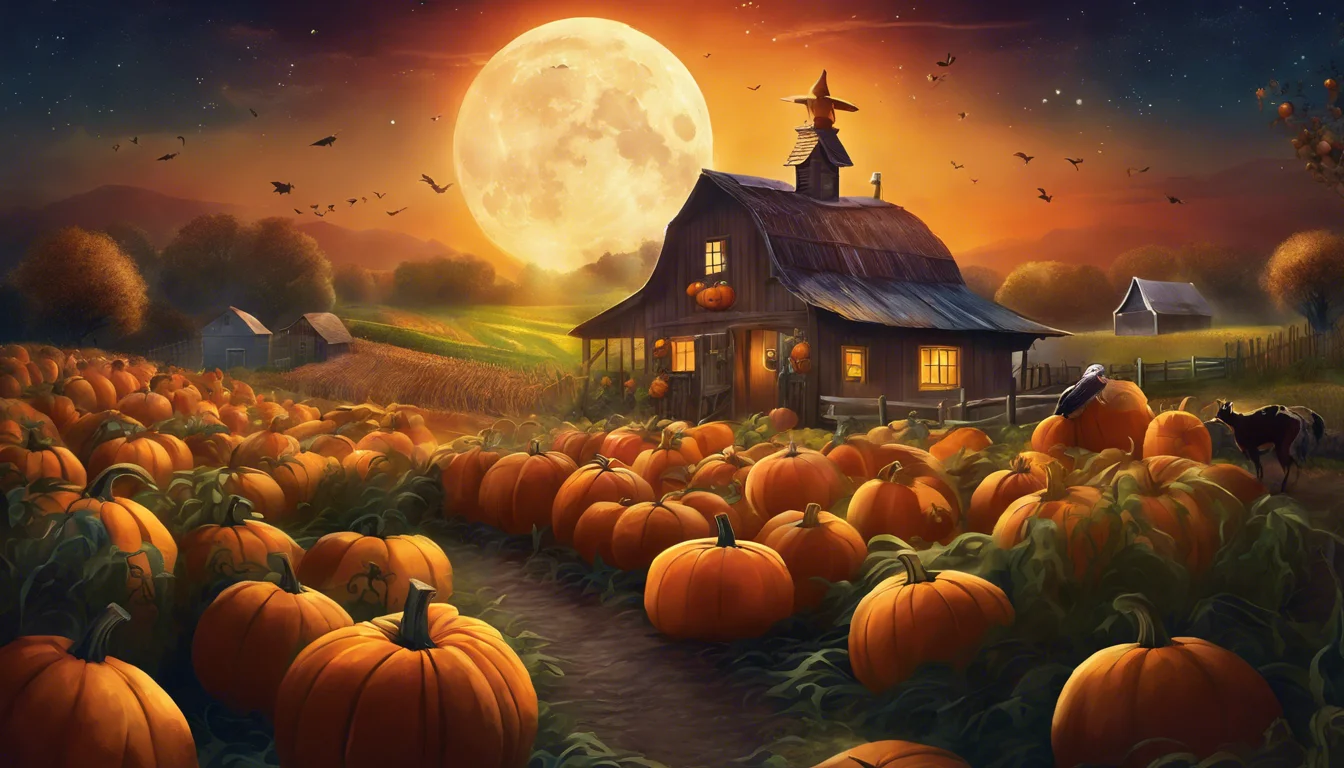 A cozy farmhouse surrounded by a vibrant pumpkin patch, under a large full moon in a twilight sky.