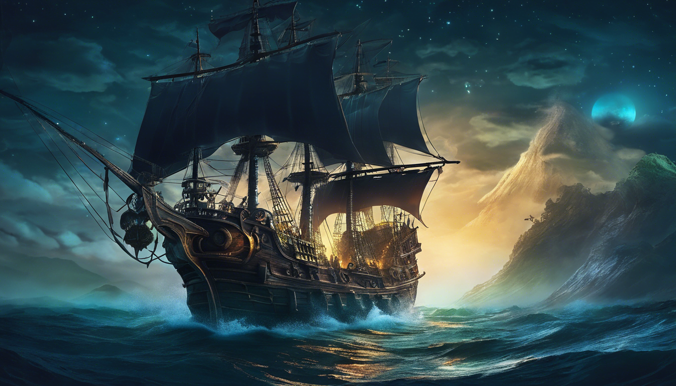 Alt: A ghostly pirate ship with spectral crew, sailing under a moonlit sky, with a gleaming treasure chest on the deck.