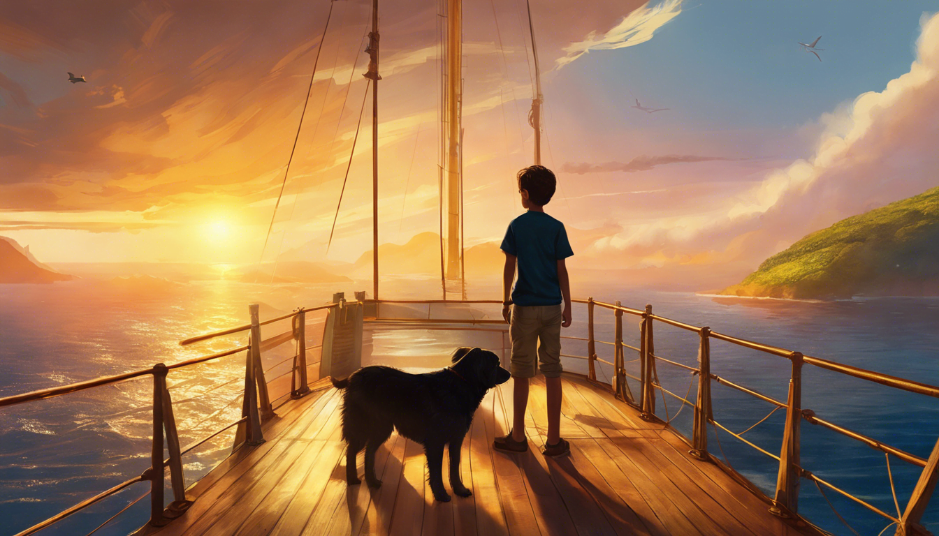 A boy and his dog on a homemade ship sailing towards a glowing mysterious island.