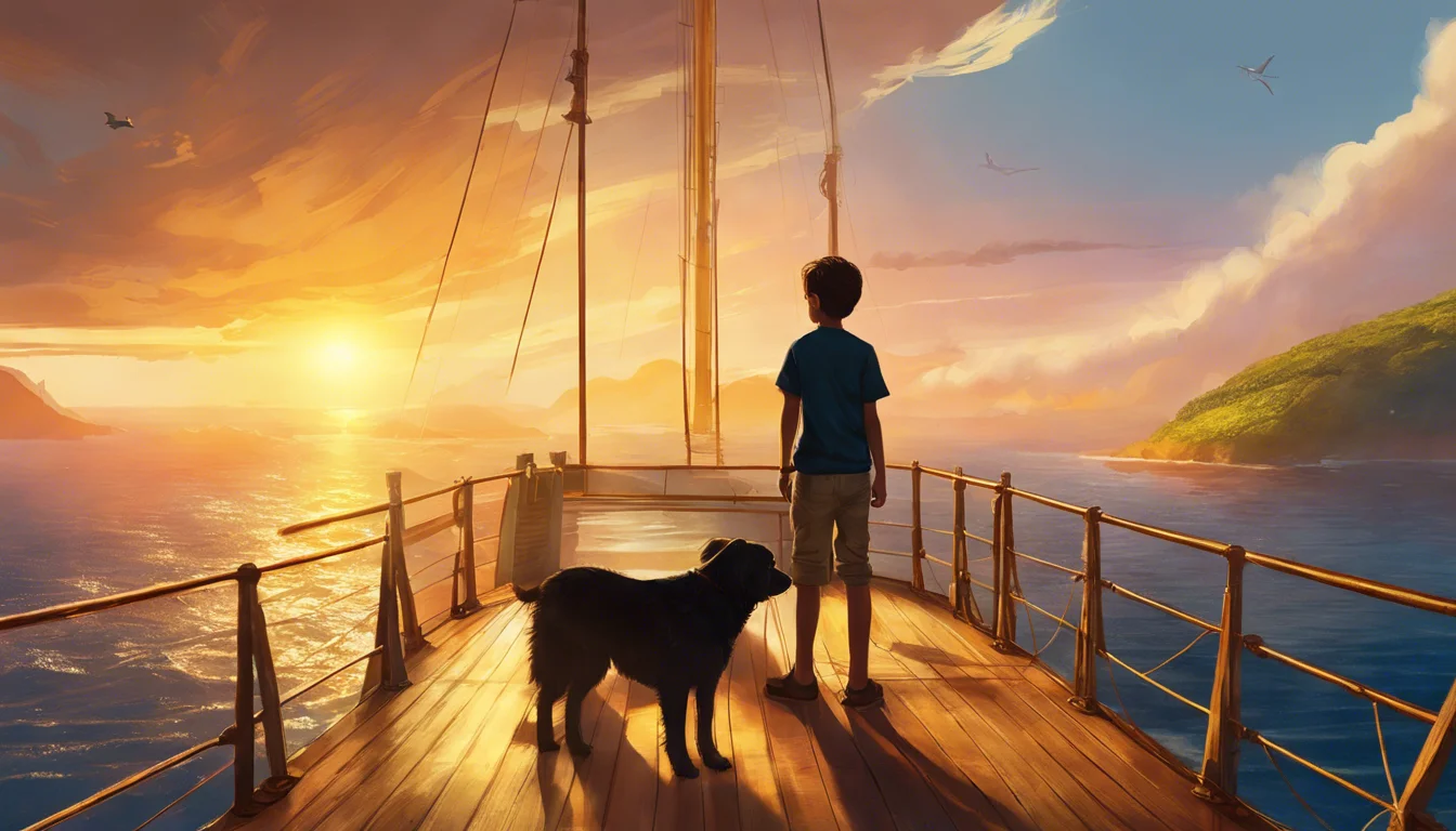 A boy and his dog stand on the deck of a boat, gazing at a vibrant sunset over calm waters, with rolling hills in the background.