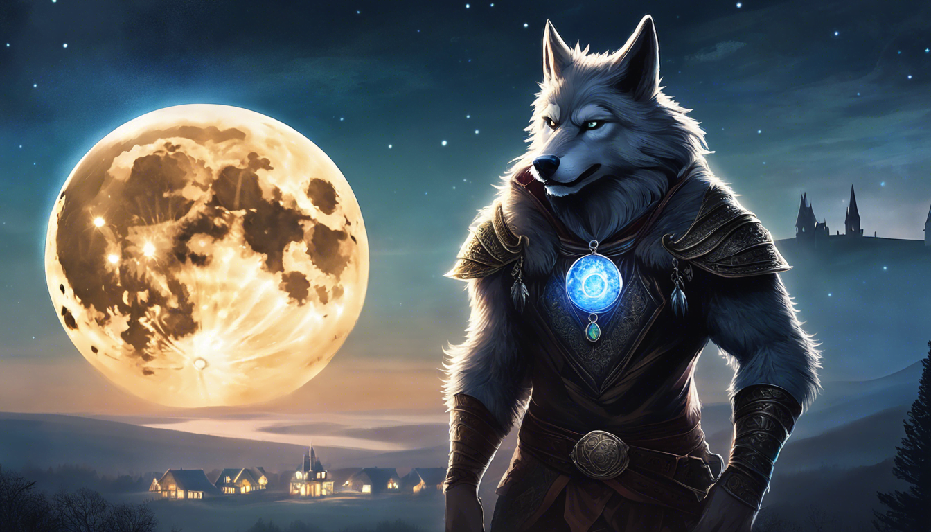 A mysterious wolf figure in an ornate outfit stands under a glowing full moon, with a village and mountains in the background.