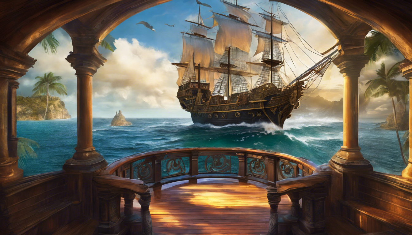 A pirate ship sailing through a portal with glimpses of ancient landmarks.