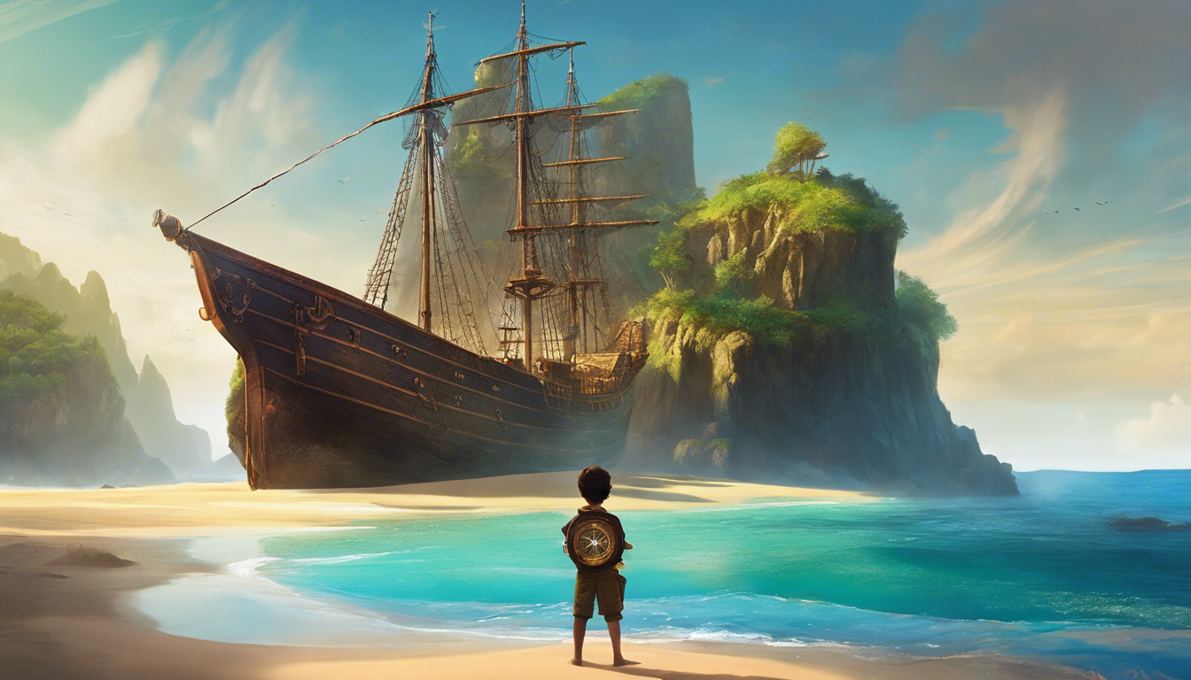 A young boy stands on a sandy beach, gazing at a large, majestic ship anchored near a rocky island under a colorful sky.