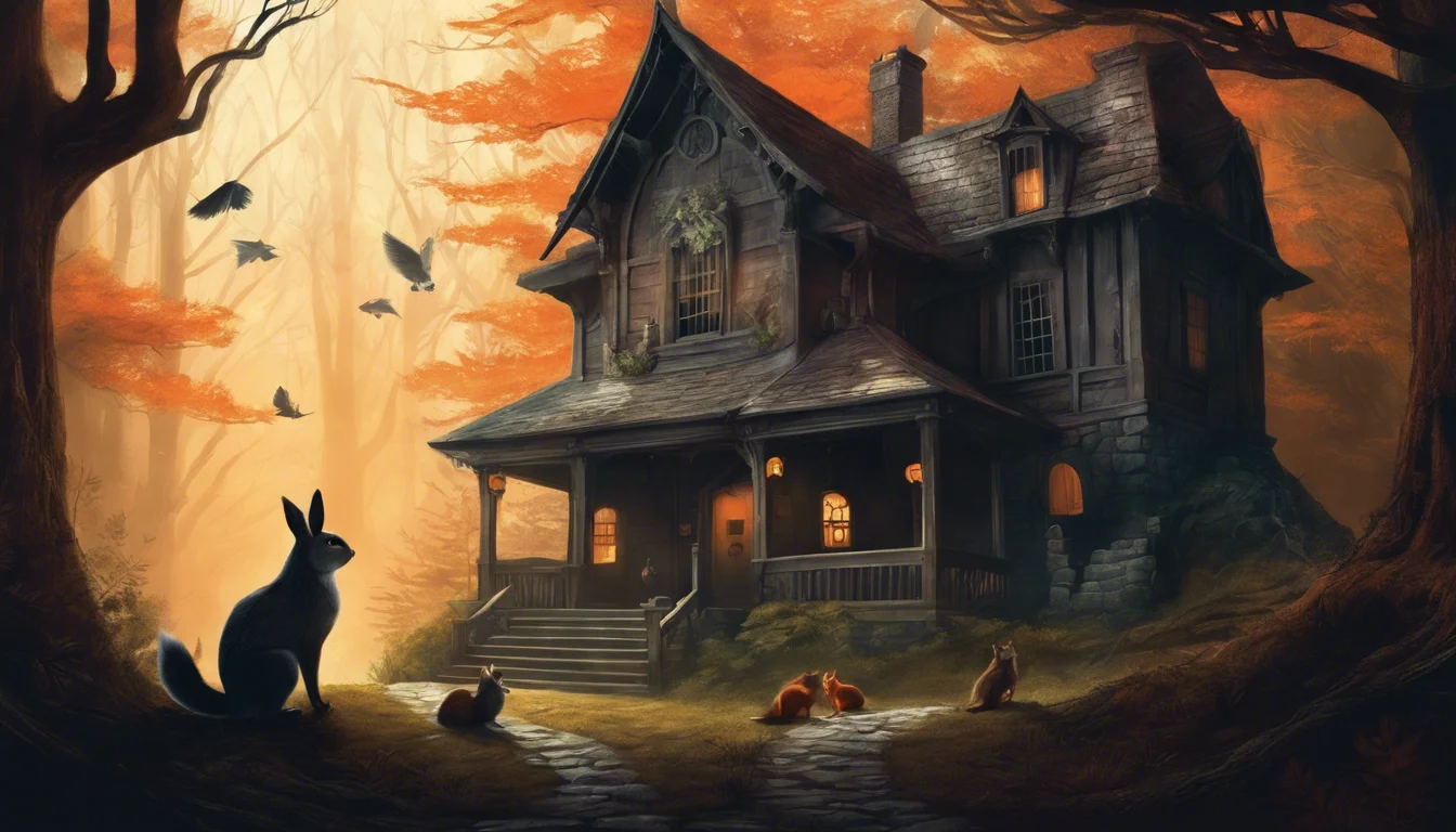 A rustic, dark house surrounded by autumn trees, with a rabbit and other animals in the foreground, under a warm, glowing sky.