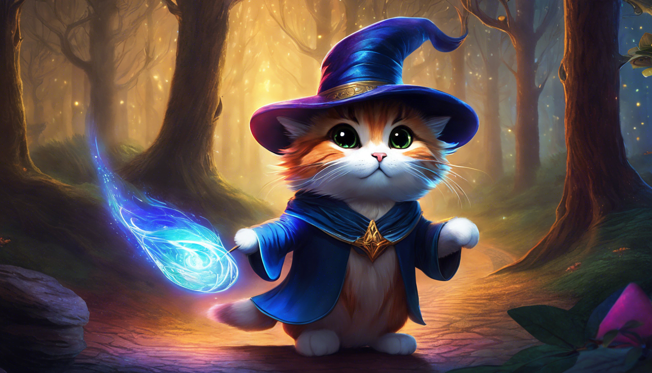 A cute orange and white cat wearing a wizard hat and cloak, casting a blue magical spell in a whimsical forest setting.