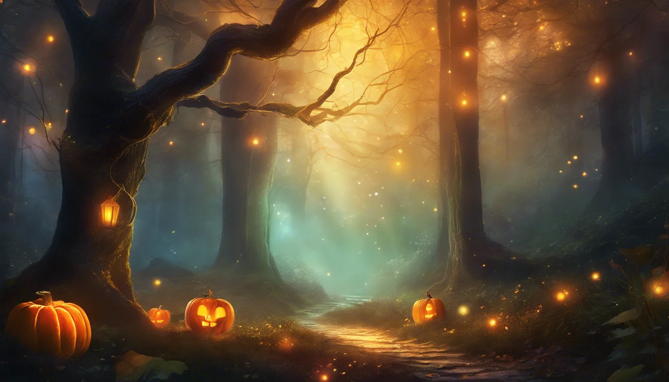 A mystical forest scene illuminated by glowing jack-o'-lanterns and soft, ethereal lights.