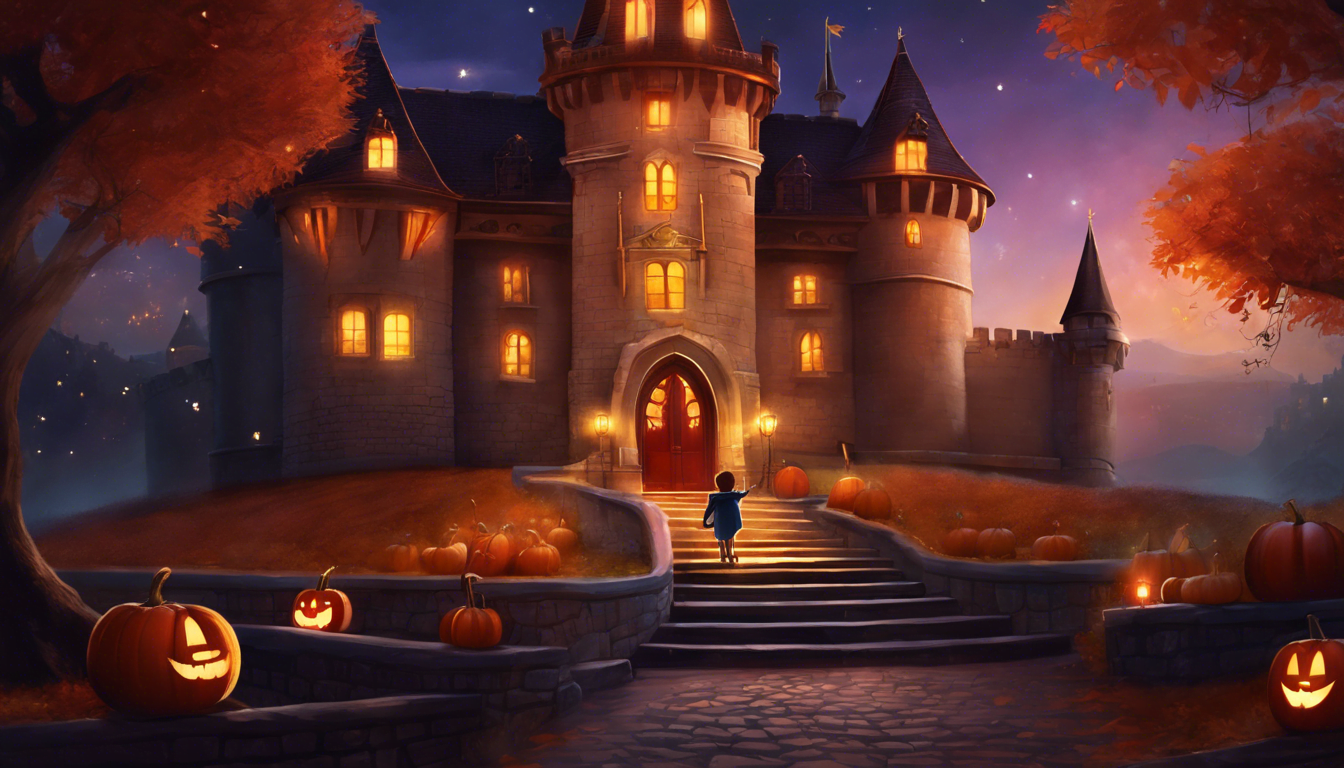 A child approaching a brightly lit, enchanted castle surrounded by glowing jack-o'-lanterns and autumn trees under a twilight sky.