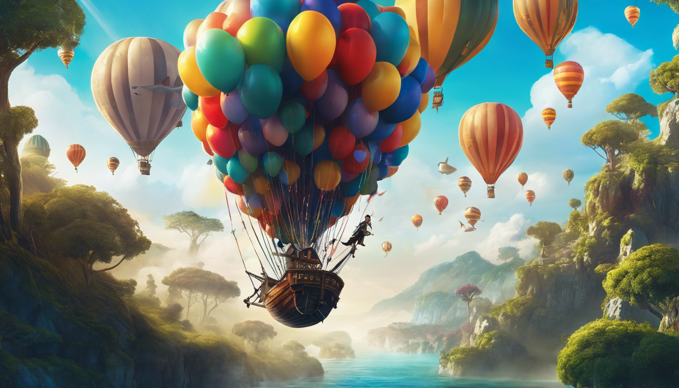 Alt: Pirates floating with balloons above an upside-down world with floating trees and sky fish.