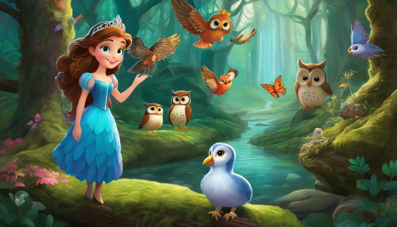 A princess and friends gathering ingredients in a whimsical forest with an owl, brook, and giant in the background.