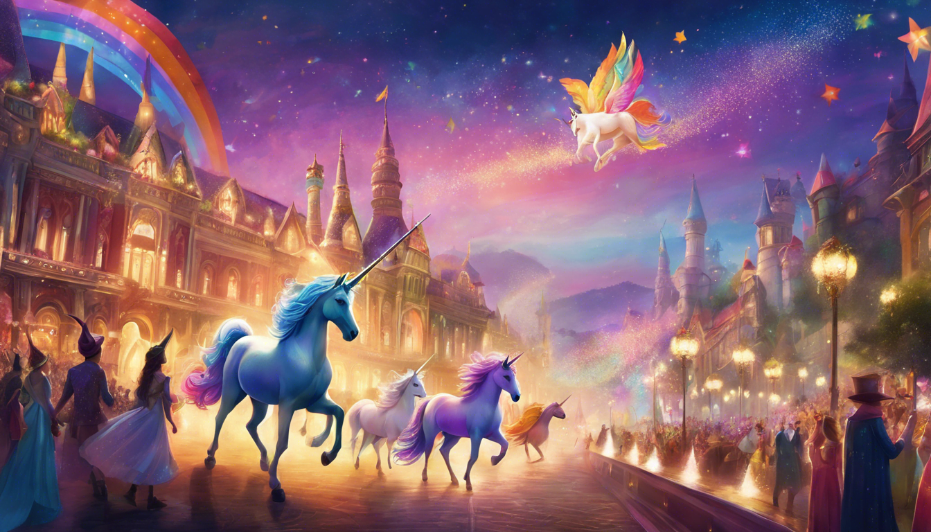 Alt: A grand parade of colorful unicorns showcasing talents in a magical kingdom with sparkling lights and Whimsy Dust.