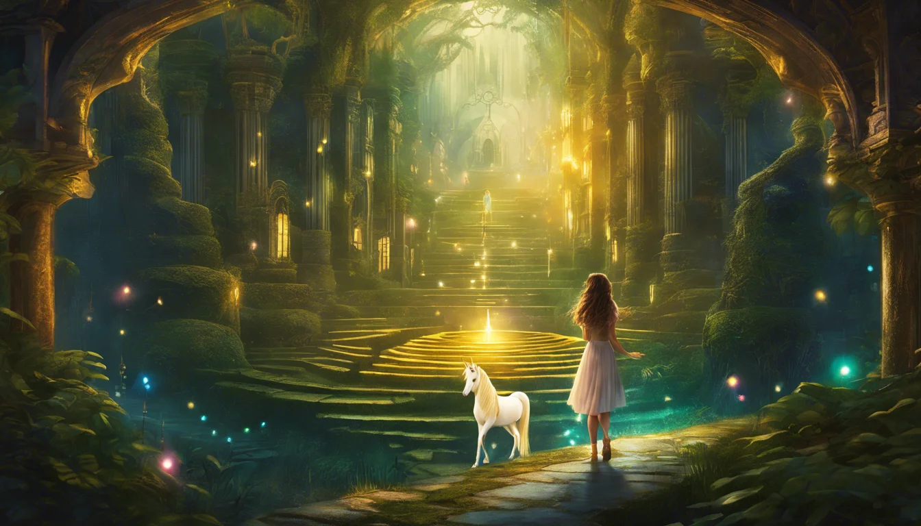 A mystical forest scene featuring a girl in a white dress standing beside a unicorn, surrounded by glowing lights and ancient stone ruins.