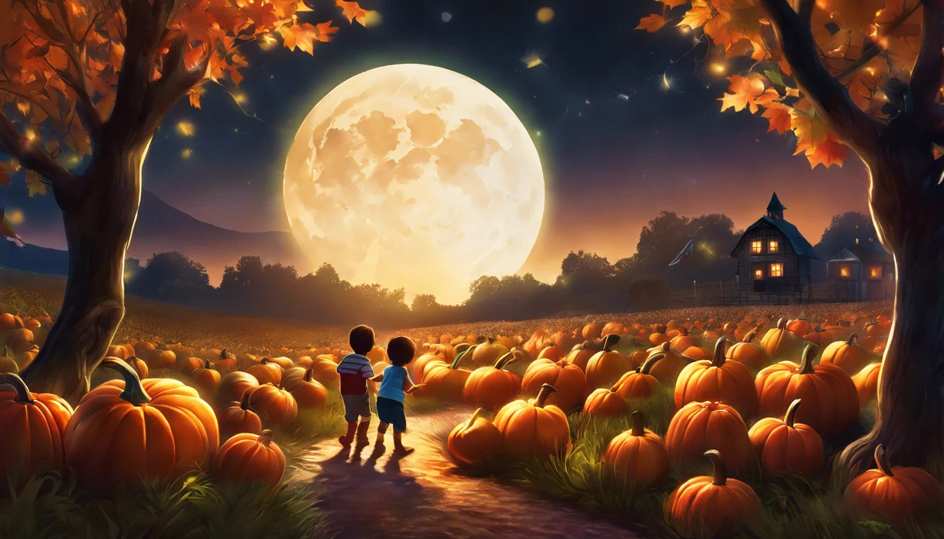 Two children standing hand-in-hand on a path surrounded by pumpkins, gazing at a large, glowing full moon above a tranquil autumn landscape.