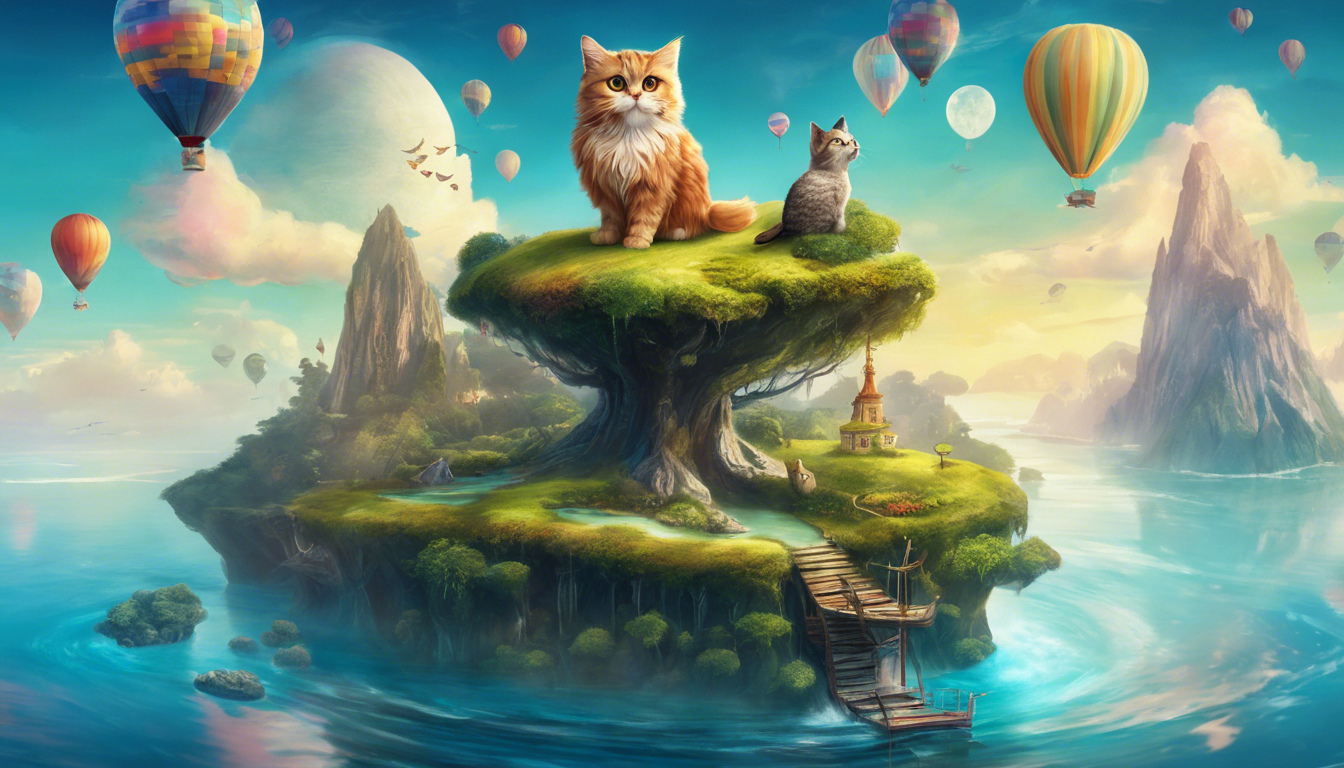 A kitten on a floating island, guided by a wise owl, amidst whimsical creatures and enchanting landscapes.