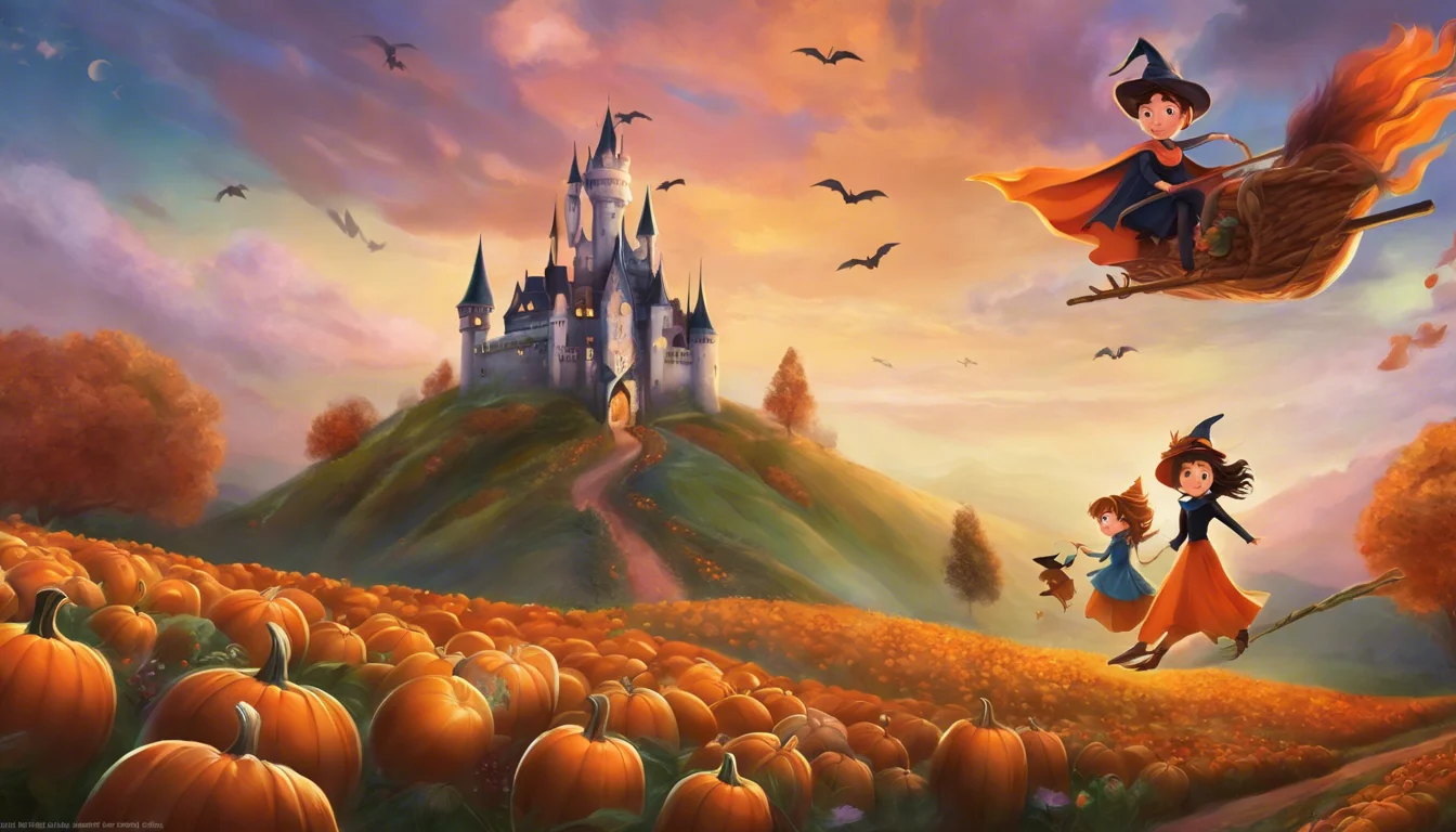 Two young witches flying on a broom above a pumpkin patch, with a whimsical castle in the background under a colorful sunset sky.