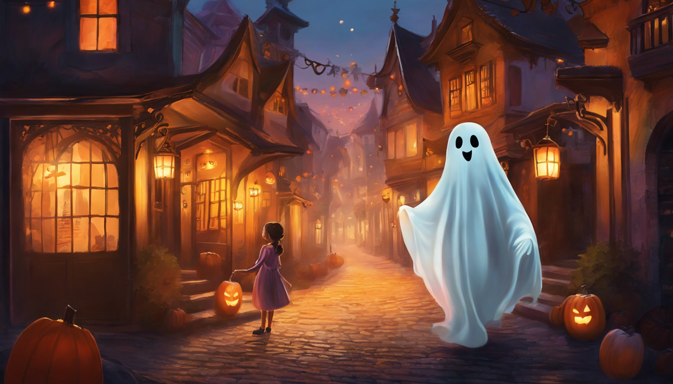 A whimsical ghost interacts with a girl holding a pumpkin, set in a charming, illuminated Halloween street scene.