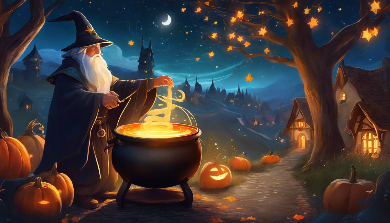 A wizard stirs a glowing cauldron under a starry night sky, surrounded by pumpkins and quaint houses.