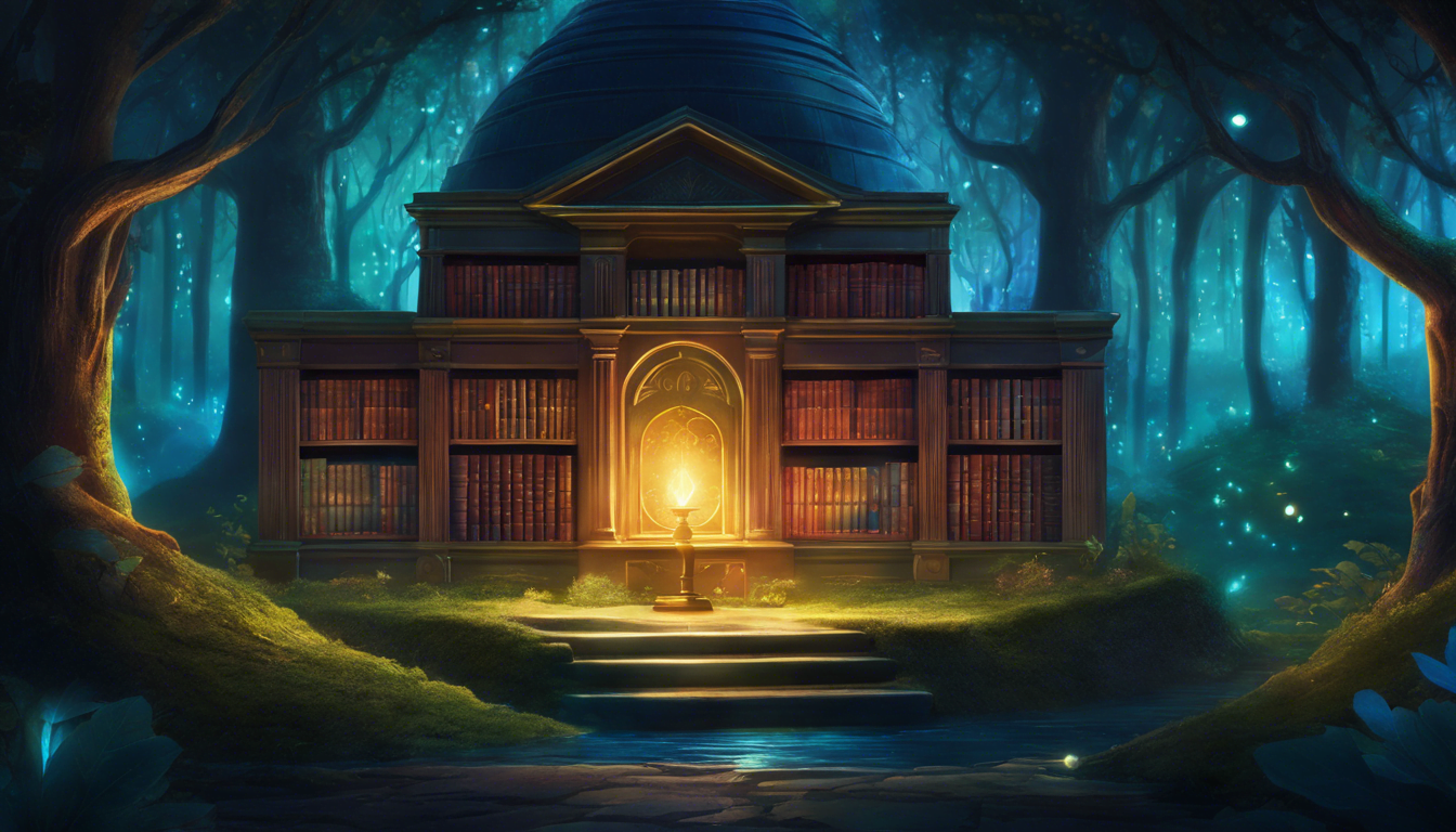 A whimsical, magical library illuminated by a warm light, surrounded by a lush, enchanted forest with softly glowing orbs.