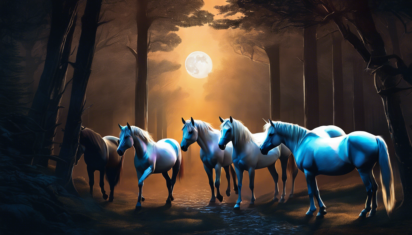 A group of majestic white horses stands in a moonlit forest, surrounded by dark trees, with a glowing full moon illuminating the scene.