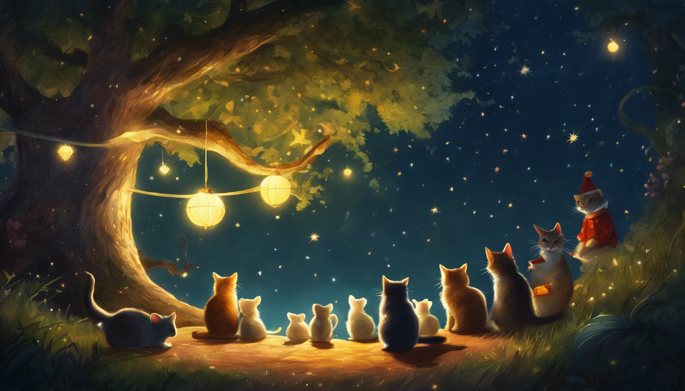 A whimsical scene of cats gathered under a tree at night, illuminated by glowing lanterns and surrounded by sparkling stars.