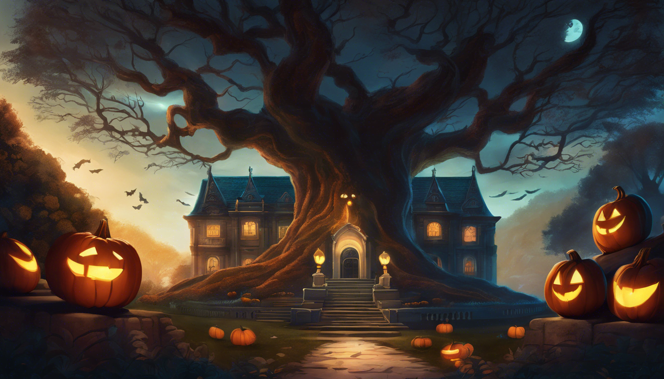 A spooky Halloween scene featuring a haunted mansion illuminated by the moon, surrounded by carved pumpkins and a large, twisted tree.