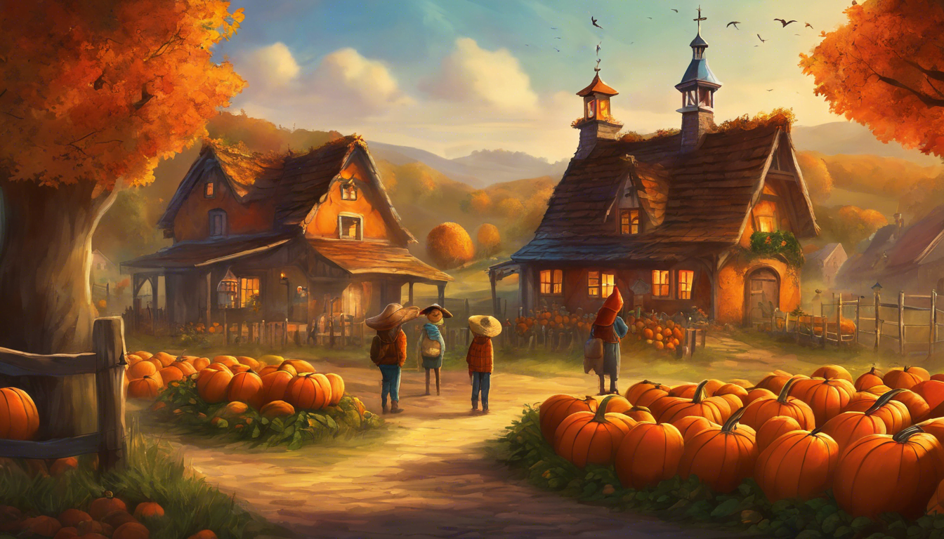 Four friends marvel at vibrant pumpkins in a hidden village patch, overseen by a friendly scarecrow.