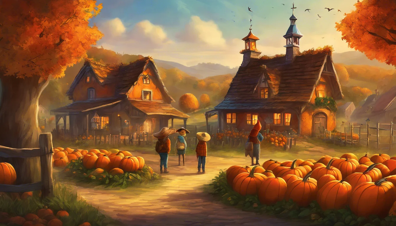 A vibrant autumn scene featuring two rustic houses surrounded by pumpkins, with four people walking a path under colorful fall foliage.