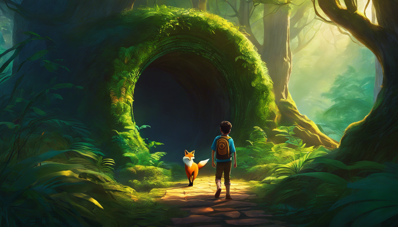 A young boy with a backpack walks alongside a fox toward a large, moss-covered tunnel in a lush, vibrant forest.