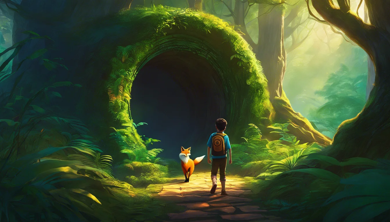 A young boy with a backpack walks alongside a fox toward a large, moss-covered tunnel in a lush, vibrant forest.
