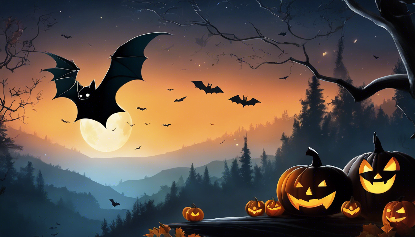 Haunting Halloween scene with carved pumpkins and flying bats against a glowing moonrise in a dark forest.