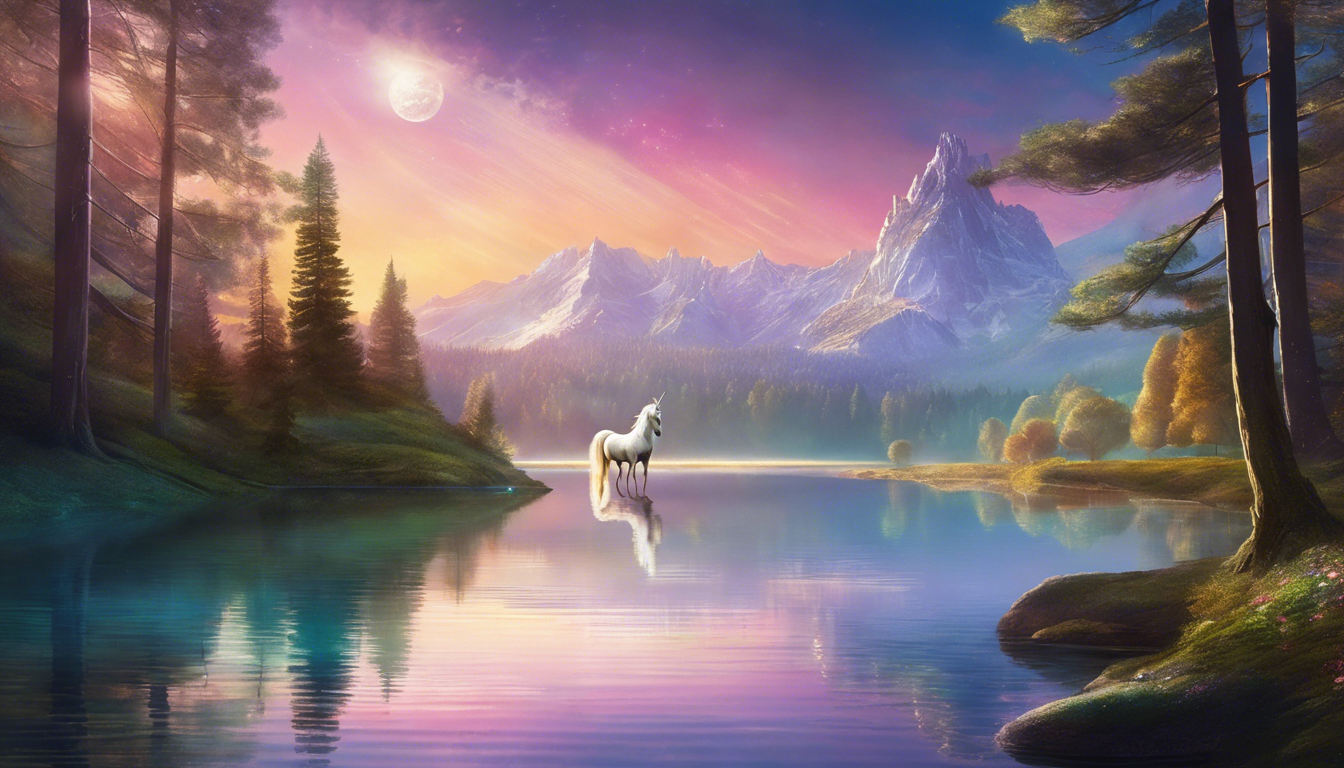 A serene landscape featuring a white unicorn standing in a tranquil lake, surrounded by vibrant trees and majestic mountains under a colorful sunset sky.