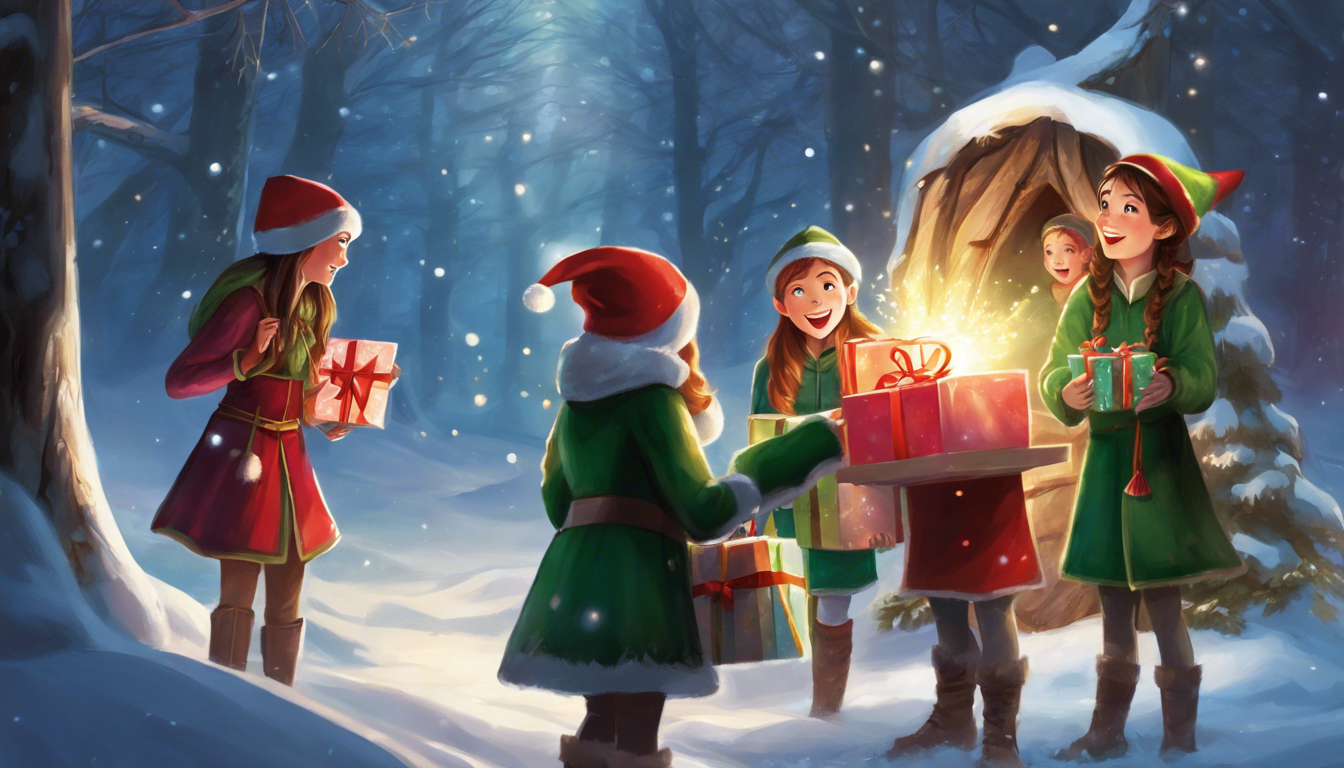 A group of cheerful children in festive winter attire joyfully exchanging colorful presents in a snowy forest setting.