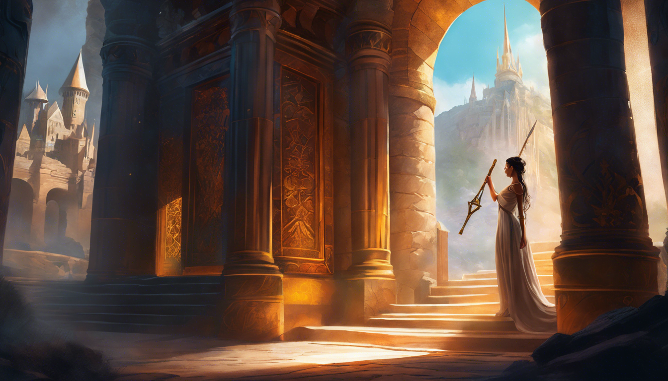 A mysterious figure in a flowing gown stands at a grand archway, holding a staff, with a majestic castle in the background bathed in golden light.